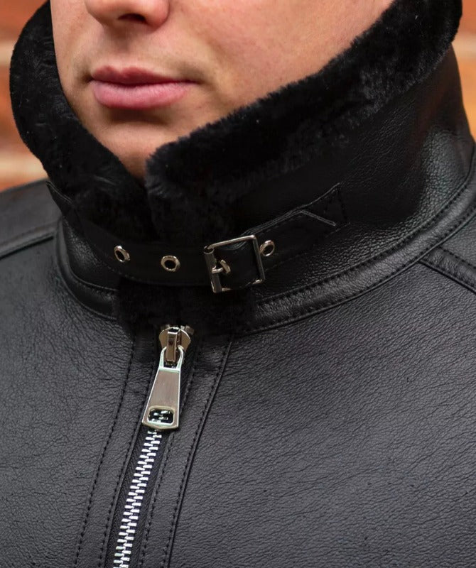 Men’s Black Shearling Leather Jacket – Genuine Sheep Leather Winter Bomber