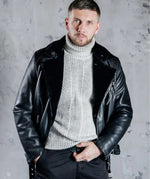 Men’s Black Shearling Biker Jacket – Genuine Sheep Leather Moto Style