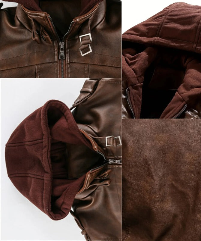 Men’s Brown Hooded Leather Jacket | Stylish Winter Biker Jacket with Detachable Hoodie