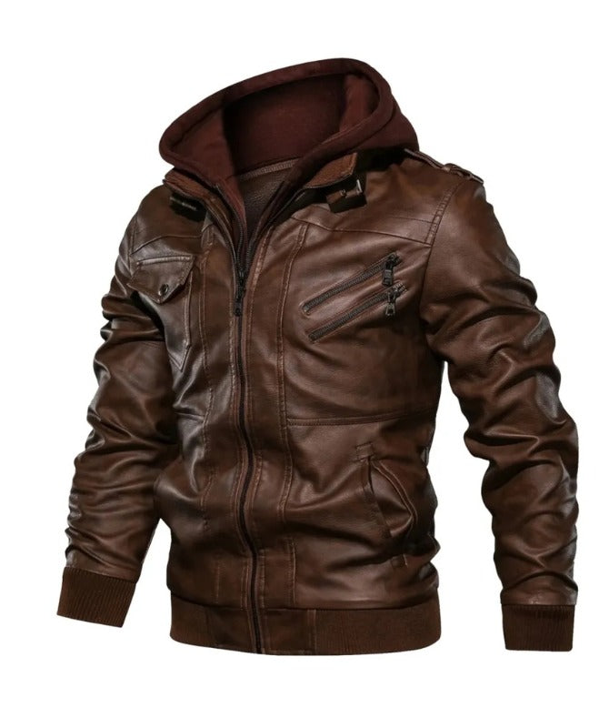 Men’s Brown Hooded Leather Jacket | Stylish Winter Biker Jacket with Detachable Hoodie