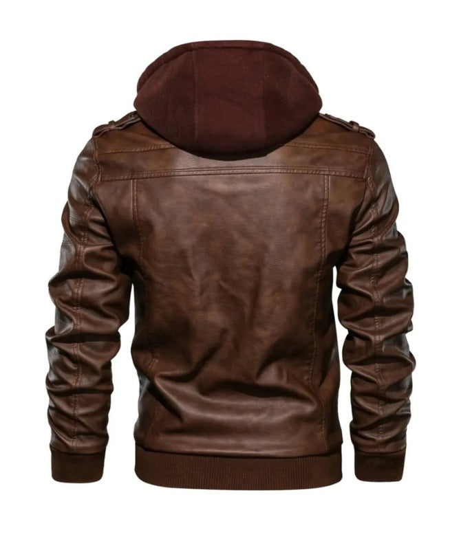Men’s Brown Hooded Leather Jacket | Stylish Winter Biker Jacket with Detachable Hoodie