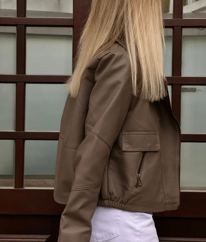 Women's Taupe Cropped Sheep Leather Jacket – Premium Soft Leather Moto Style