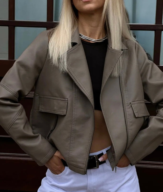 Women's Taupe Cropped Sheep Leather Jacket – Premium Soft Leather Moto Style