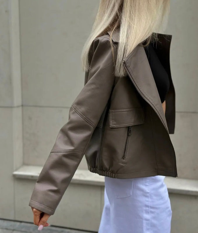 Women's Taupe Cropped Sheep Leather Jacket – Premium Soft Leather Moto Style