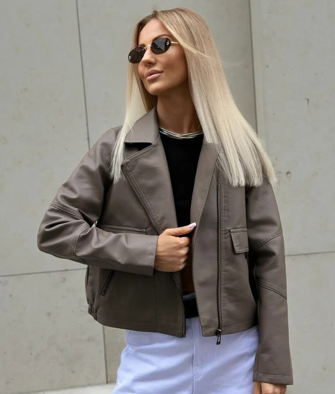 Women's Taupe Cropped Sheep Leather Jacket – Premium Soft Leather Moto Style