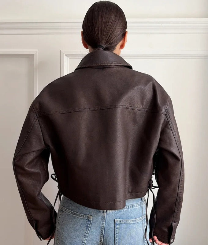 Women's Dark Brown Cropped Sheep Leather Jacket – Minimalist Oversized Moto Style