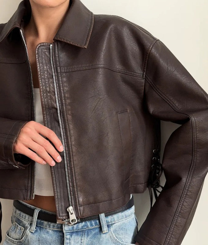 Women's Dark Brown Cropped Sheep Leather Jacket – Minimalist Oversized Moto Style