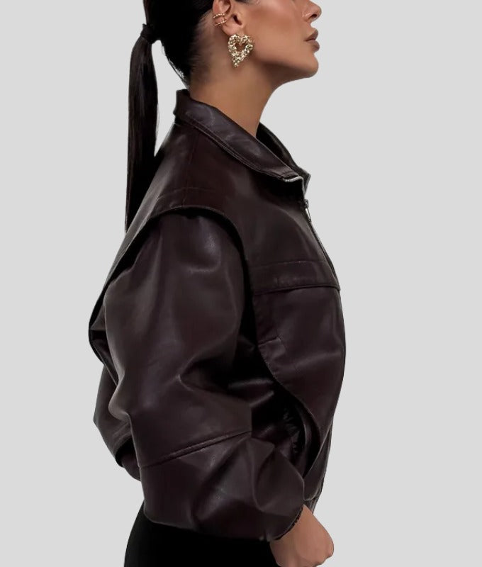 Women's Dark Chocolate Sheep Leather Bomber Jacket – Luxury Oversized Zip-Up Style