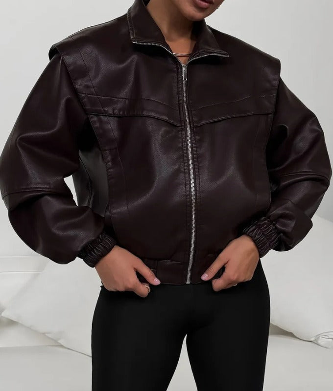 Women's Burgundy Cropped Sheep Leather Jacket – Belted Trench Style Moto Jacket