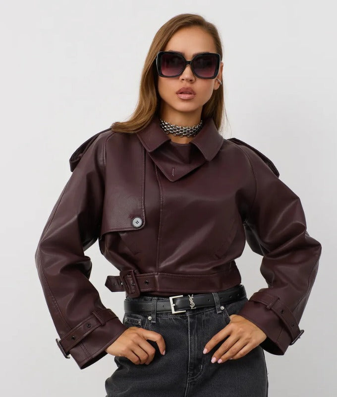 Women's Burgundy Cropped Sheep Leather Jacket – Belted Trench Style Moto Jacket