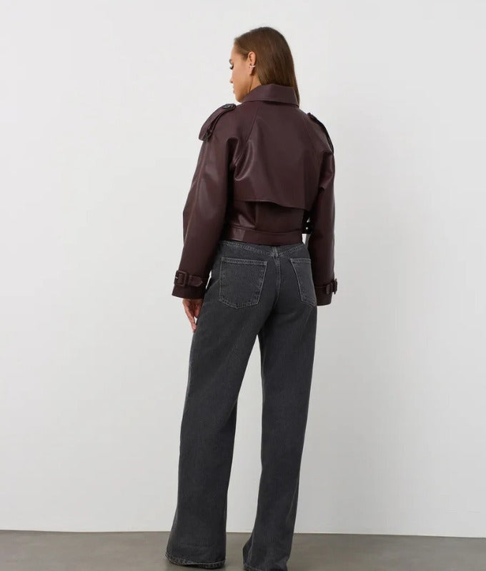 Women's Burgundy Cropped Sheep Leather Jacket – Belted Trench Style Moto Jacket