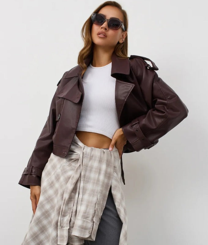 Women's Burgundy Cropped Sheep Leather Jacket – Belted Trench Style Moto Jacket