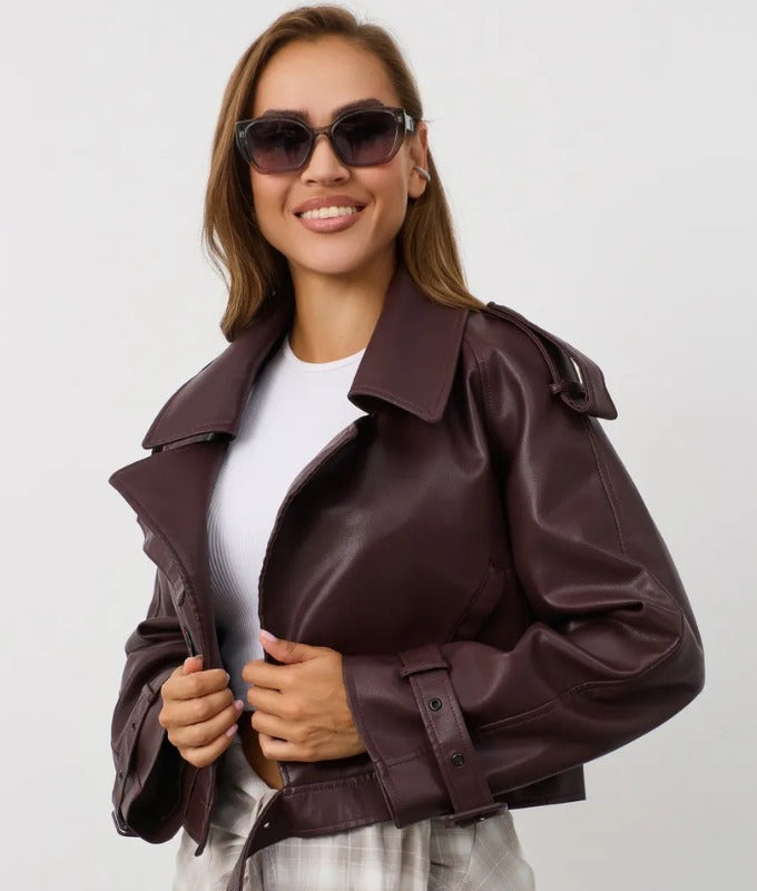 Women's Burgundy Cropped Sheep Leather Jacket – Belted Trench Style Moto Jacket