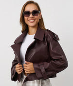 Women's Burgundy Cropped Sheep Leather Jacket – Belted Trench Style Moto Jacket