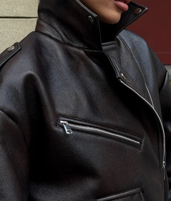 Women's Dark Brown Oversized Sheep Leather Jacket – Belted Luxe Street Style