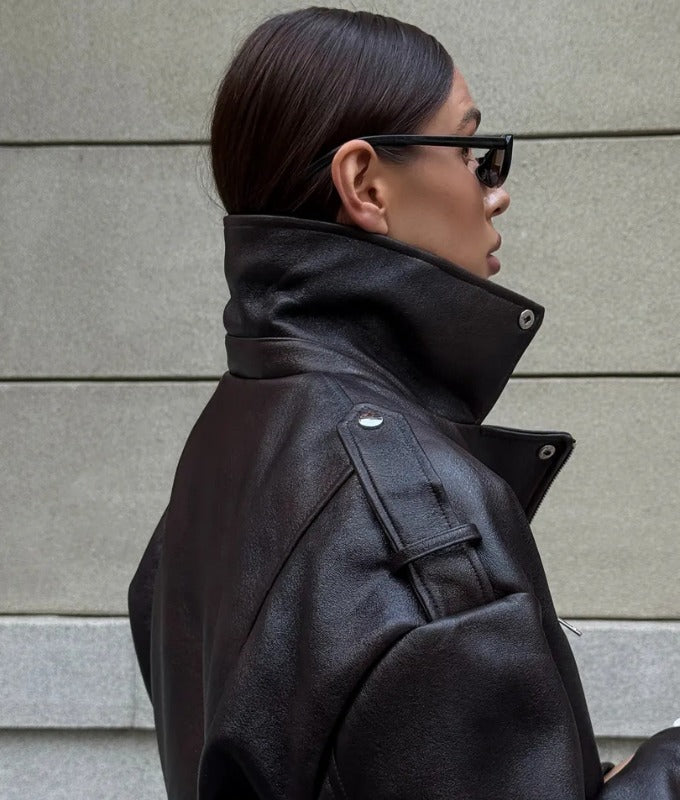 Women's Dark Brown Oversized Sheep Leather Jacket – Belted Luxe Street Style
