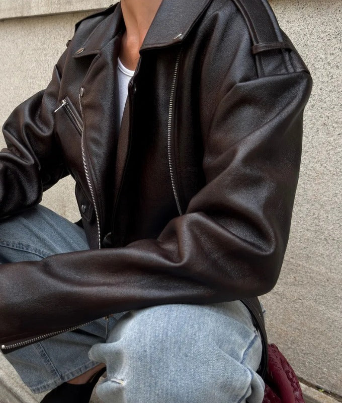 Women's Dark Brown Oversized Sheep Leather Jacket – Belted Luxe Street Style