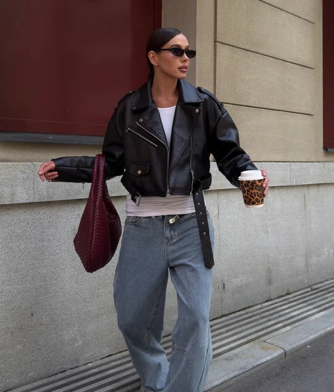 Women's Dark Brown Oversized Sheep Leather Jacket – Belted Luxe Street Style