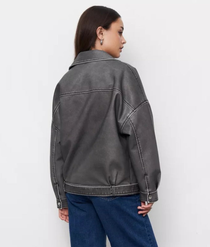 Women's Washed Grey Oversized Sheep Leather Jacket – Vintage Moto Style