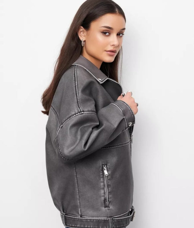 Women's Washed Grey Oversized Sheep Leather Jacket – Vintage Moto Style