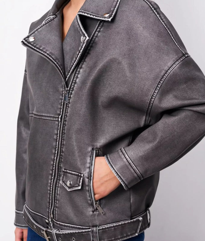 Women's Washed Grey Oversized Sheep Leather Jacket – Vintage Moto Style