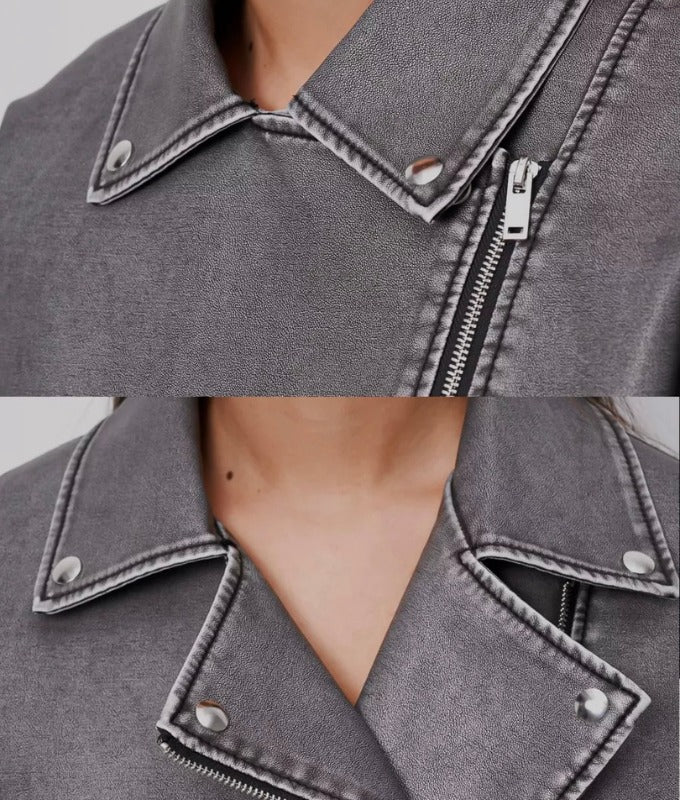 Women's Washed Grey Oversized Sheep Leather Jacket – Vintage Moto Style