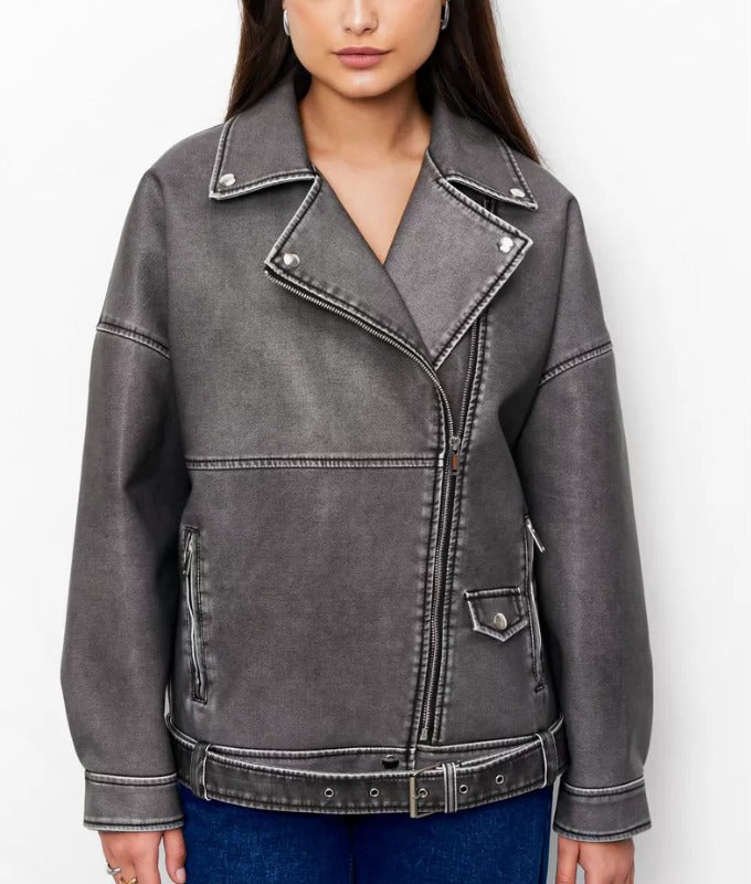 Women's Washed Grey Oversized Sheep Leather Jacket – Vintage Moto Style