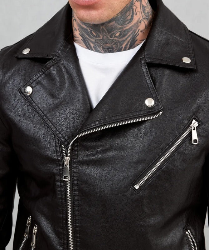 Men’s Black Genuine Sheep Leather Biker Jacket – Classic Asymmetrical Motorcycle Style