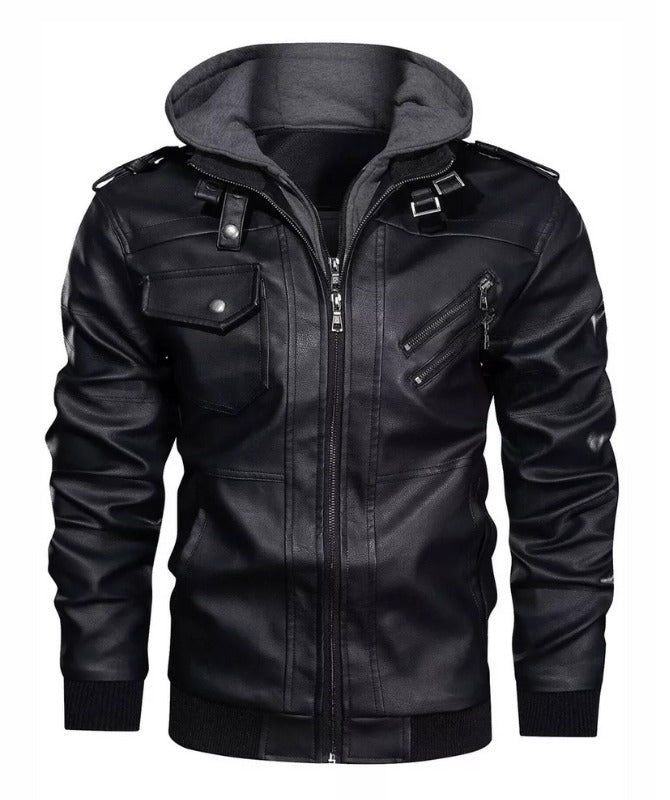 Men’s Black Faux Leather Jacket with Hood | Stylish Winter Biker Outerwear