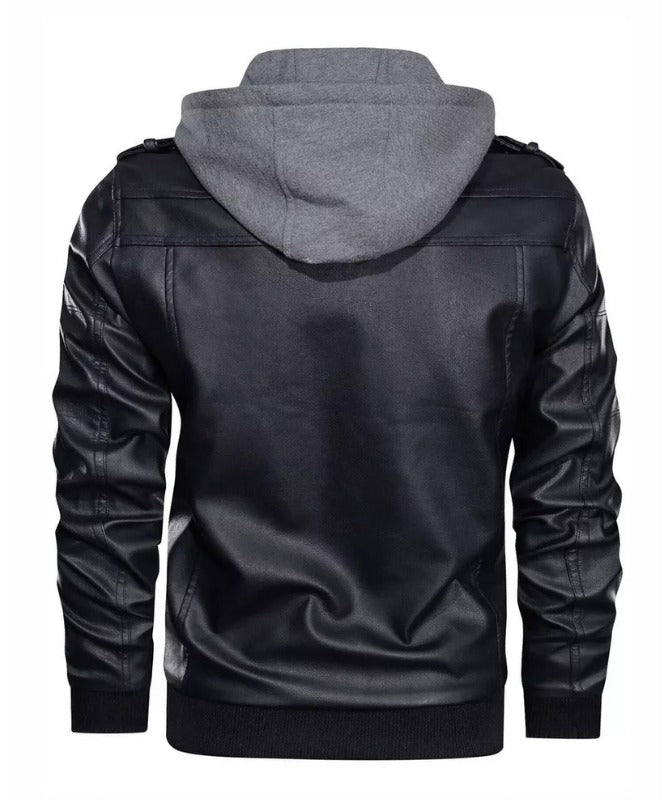 Men’s Black Faux Leather Jacket with Hood | Stylish Winter Biker Outerwear