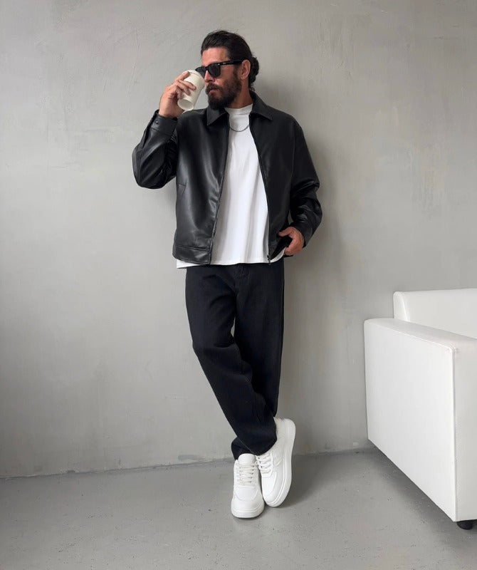 Men’s Black Leather Jacket | Minimalist Street Style Outerwear for Modern Looks