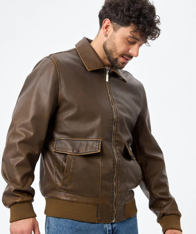 Men’s Classic Brown Leather Jacket | Stylish Casual Bomber Outerwear