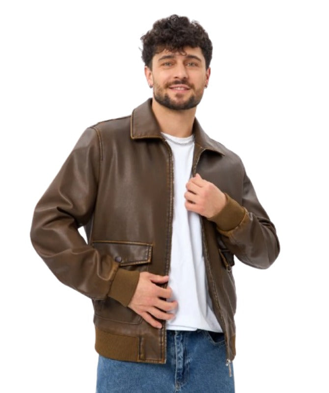 Men’s Classic Brown Leather Jacket | Stylish Casual Bomber Outerwear