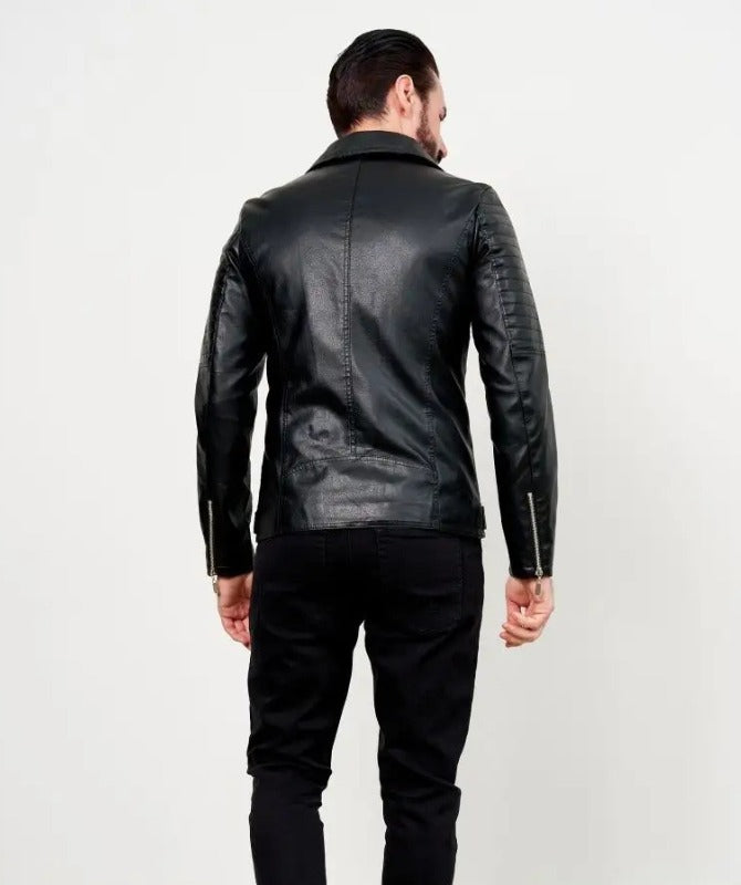 Men’s Black Genuine Sheep Leather Biker Jacket – Quilted Shoulder Slim Fit Moto Style