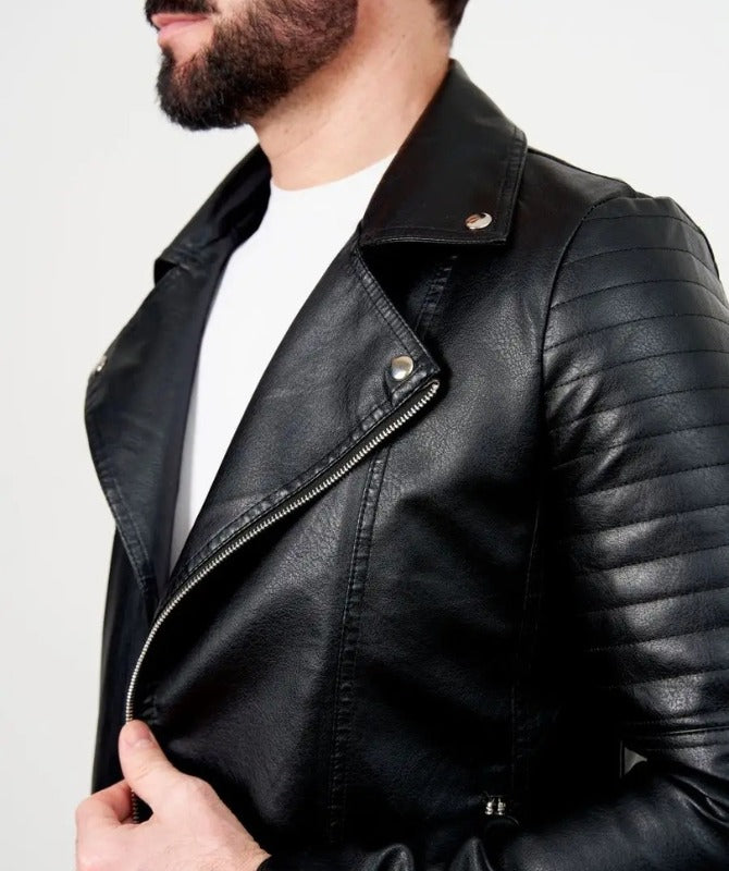 Men’s Black Genuine Sheep Leather Biker Jacket – Quilted Shoulder Slim Fit Moto Style