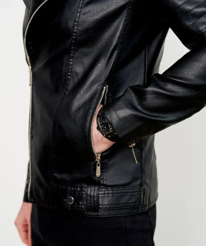 Men’s Black Genuine Sheep Leather Biker Jacket – Quilted Shoulder Slim Fit Moto Style