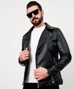Men’s Black Genuine Sheep Leather Biker Jacket – Quilted Shoulder Slim Fit Moto Style