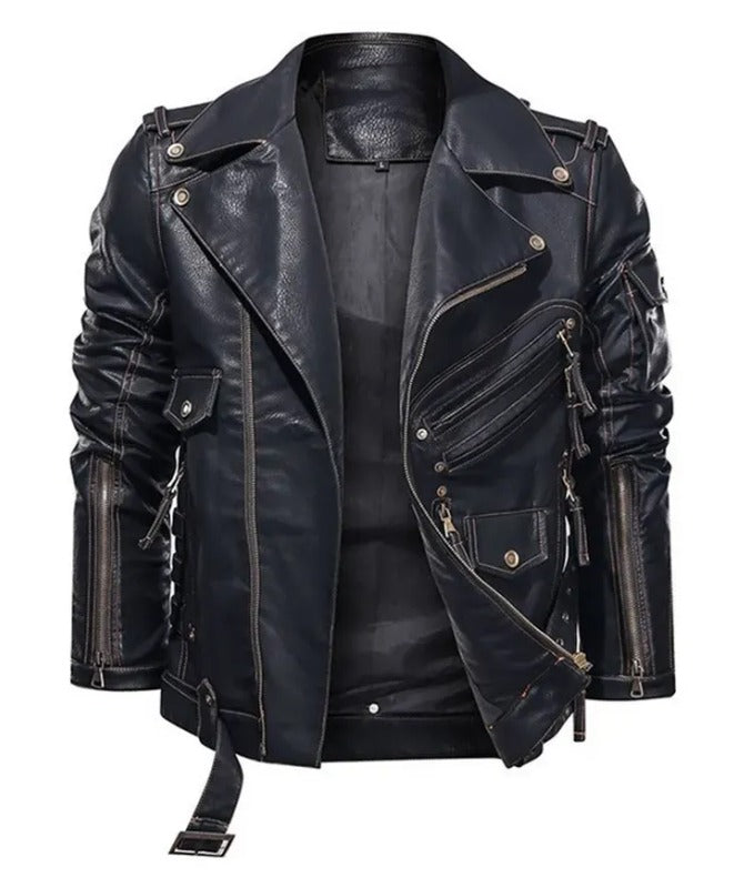 Men’s Black Biker Leather Jacket | Stylish Motorcycle Rider Jacket with Zipper Detailing