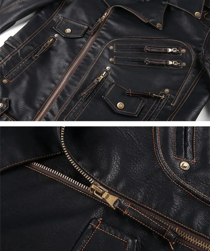Men’s Black Biker Leather Jacket | Stylish Motorcycle Rider Jacket with Zipper Detailing