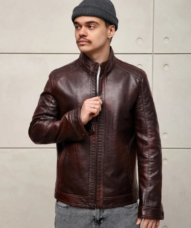 Men’s Brown Leather Jacket | Classic Stand Collar Biker Jacket for Effortless Style