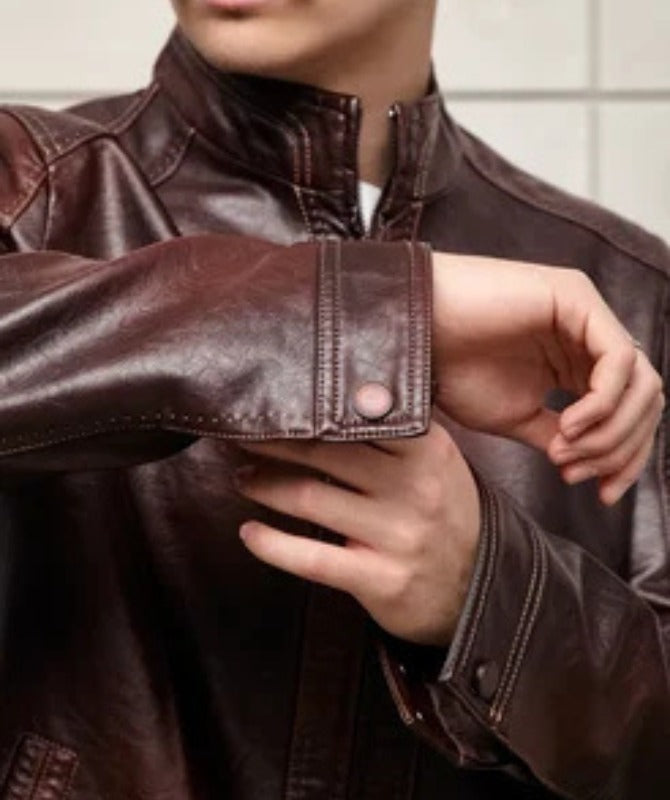 Men’s Brown Leather Jacket | Classic Stand Collar Biker Jacket for Effortless Style