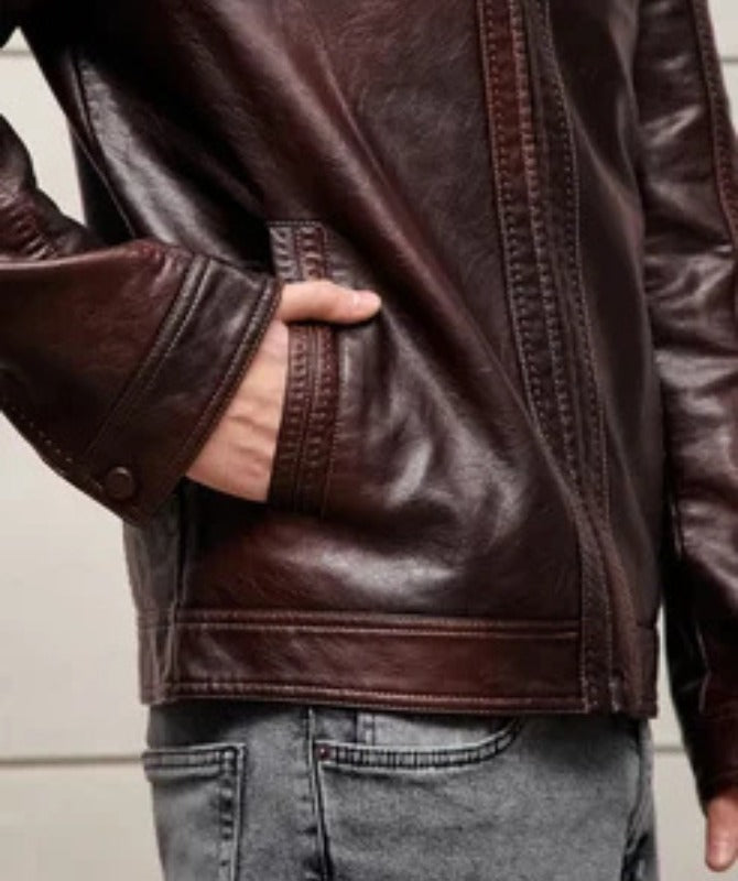 Men’s Brown Leather Jacket | Classic Stand Collar Biker Jacket for Effortless Style