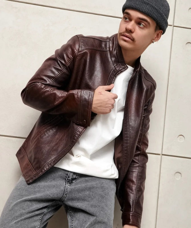 Men’s Brown Leather Jacket | Classic Stand Collar Biker Jacket for Effortless Style