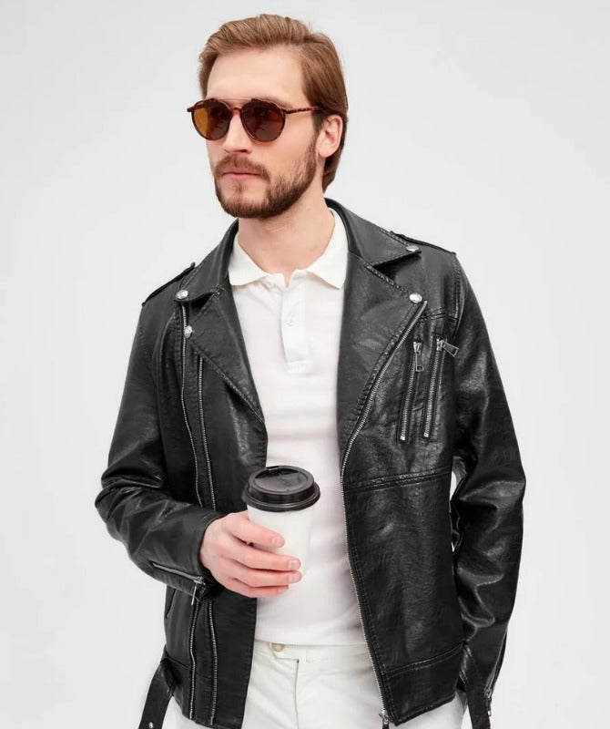 Men's Black Sheep Leather Biker Jacket – Stylish & Comfortable with Zipper Details