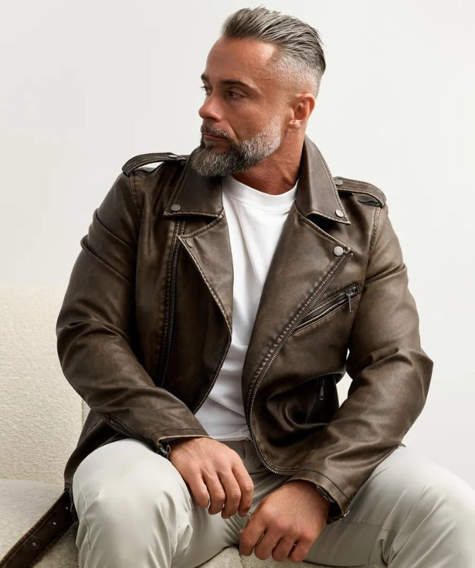 Men’s Brown Biker Leather Jacket | Vintage Motorcycle Style with Premium Finish