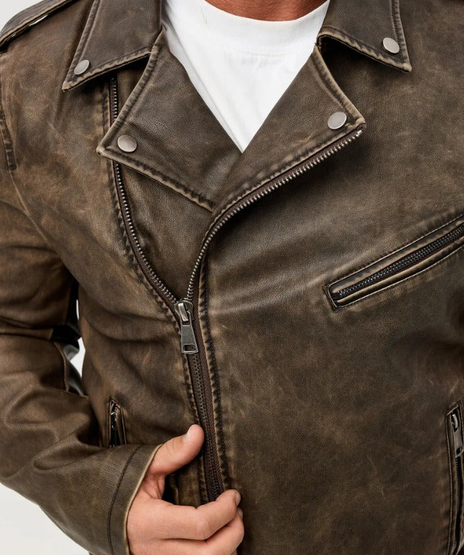 Men’s Brown Biker Leather Jacket | Vintage Motorcycle Style with Premium Finish