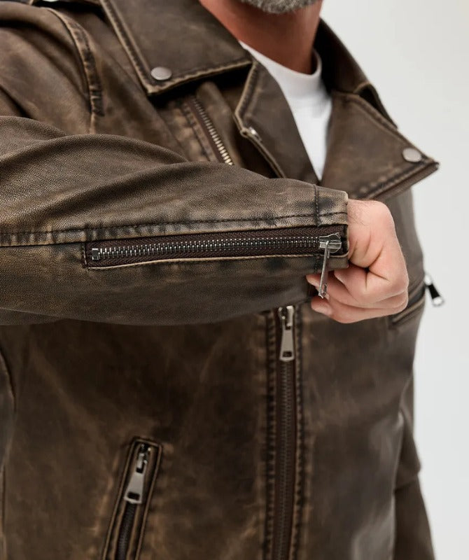 Men’s Brown Biker Leather Jacket | Vintage Motorcycle Style with Premium Finish