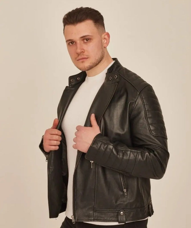 Men’s Classic Black Biker Leather Jacket | Stylish Quilted Motorcycle Design