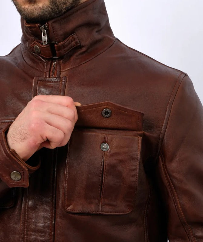 Men’s Brown Genuine Sheep Leather Field Jacket – Classic Four-Pocket Military Style