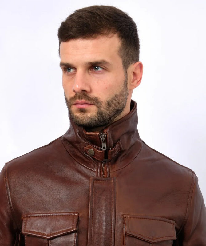 Men’s Brown Genuine Sheep Leather Field Jacket – Classic Four-Pocket Military Style